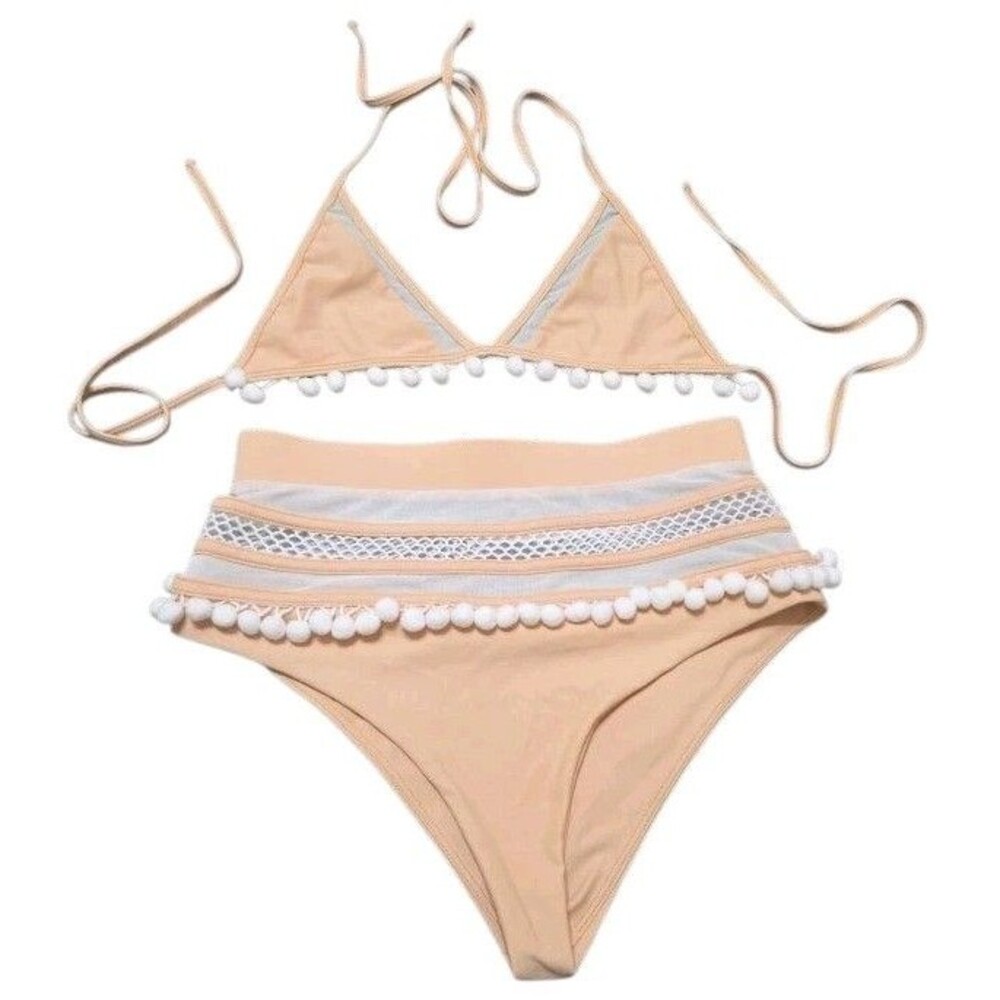 Tularosa Bikini High Waist Bottom Pom Poms Mesh Swimsuit Peach Women's S H21.1